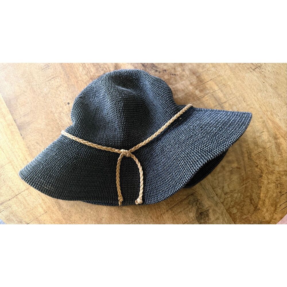 Karfil Wide Brim Sun Hat Black Straw Style Rope Detail Size 57cm S/M